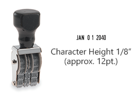 This JustRite non-self-inking dater has a character height of 1/8" & an approx. width of 9/16". Stamp pad is sold separately. Orders ship free over $75!