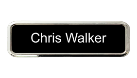 3/4" x 2-1/2" Engraved Plastic Name Badge w/ Frame can be customized up to 2 lines w/ 26 color combos. Gold, silver or black frame. Orders over $75 ship free!