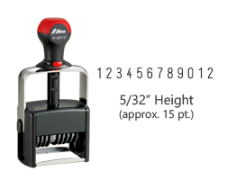 Stock heavy duty 5/32" height numbering stamp with 12 manual bands available in 11 ink colors! Great for high volume stamping. Ships in 1-2 business days!