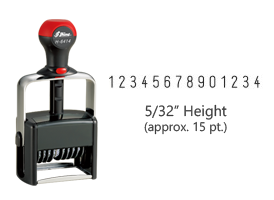 Stock heavy duty 5/32" height numbering stamp with 14 manual bands available in 11 ink colors! Great for high volume stamping. Ships in 7-12 business days!