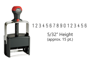 Stock heavy duty 5/32" height numbering stamp with 16 manual bands available in 11 ink colors! Great for high volume stamping. Ships in 7-10 business days!