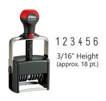 Stock heavy duty 3/16" height numbering stamp with 6 manual bands available in 11 ink colors! Great for high volume stamping. Ships in 7-10 business days!