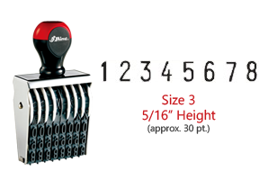 Stock traditional numbering stamp has a 5/16" character height, approx. 30 pt., with 8 bands. Use with ink pad sold separately. Ships in 7-10 business days!