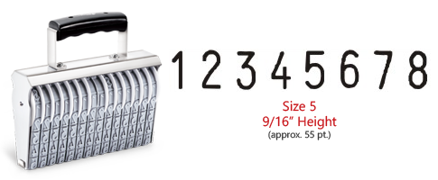 Stock traditional numbering stamp has a 9/16" character height, approx. 56 pt., with 8 bands. Use with ink pad sold separately. Ships in 7-10 business days!