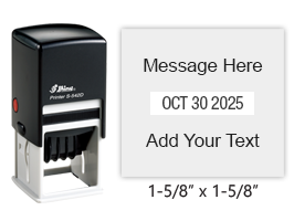 Customize this 1-5/8" square date stamp free w/ up to 6 lines of text in your choice of 11 ink colors. Great for office use. Ships free in 1-2 business days!