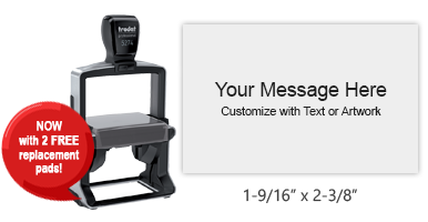 Customize this 1-9/16" x 2-3/8" heavy duty self-inking stamp w/ up to 10 lines of text, logo or artwork in 11 vibrant ink colors. Orders over $75 ship free!
