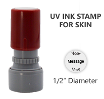 Customizable 1/2" diameter UV Invisible Ink Stamp for skin. 2 ink color options and glows under UV light. UV light sold separately. Orders over $75 ship free!