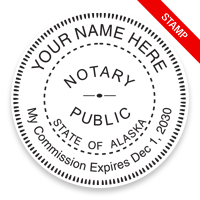 This notary public round stamp for the state of Alaska meets all state requirements & features custom fields for name & expiration. Orders over $75 ship free!