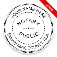 This notary public round stamp for the state of Alabama adheres to state regulations and features a custom field for county. Orders over $75 ship free!