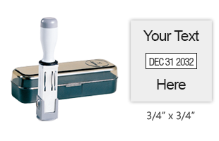 Customize this 3/4" square dater w/ 1 line of text above & below the date. Includes carrying case. Use w/ ink pad sold separately. Orders over $75 ship free!