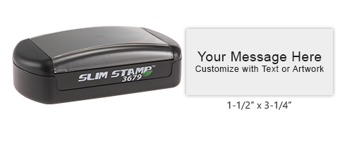 Customize this pre-inked Slim-3679 pocket stamp with 8 lines of text or artwork, available in 5 ink colors. Free shipping on orders over $75!