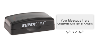Personalize this Super Slim pre-inked stamp with 4 lines or text or logo in a choice of 5 ink colors. Great for on the go use. Orders over $75 ship free!