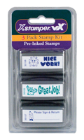 3 pre-inked rubber stamps for teachers and schools. NICE WORK, GREAT JOB and PLEASE SIGN & RETURN. Refillable w/ Xstamper ink. Orders ship free over $75.