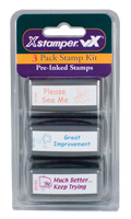 3 pre-inked stamps for teacher/schools. PLEASE SEE ME, GREAT IMPROVEMENT & MUCH BETTER KEEP TRYING. Refillable w/ Xstamper ink. Orders ship free over $75.