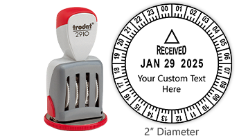 Personalize this Trodat 24 hour date & time stamp w/ your own custom text! Impression is 2" in diameter w/ rotating dial for time. Orders over $75 ship free!