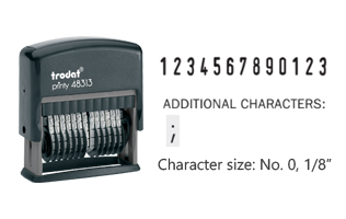 This numberer includes 13 bands with numbers 0-9 on each band and an additional special character (;). Refillable and durable. Orders over $75 ship free.