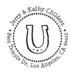 Round monogram address stamps. Custom designs. Free shipping. 11 ink colors. Secure order online. Round monogram stamps at Knockout Prices from RubberStampChamp.com