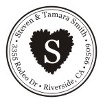 Round monogram address stamps. Custom designs. Free shipping. 11 ink colors. Secure order online. Round monogram stamps at Knockout Prices from RubberStampChamp.com