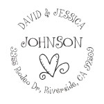 Round monogram address stamps. Custom designs. Free shipping. 11 ink colors. Secure order online. Round monogram stamps at Knockout Prices from RubberStampChamp.com
