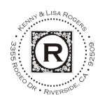 Round monogram address stamps. Custom designs. Free shipping. 11 ink colors. Secure order online. Round monogram stamps at Knockout Prices from RubberStampChamp.com