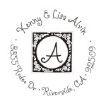 Round monogram address stamps. Custom designs. Free shipping. 11 ink colors. Secure order online. Round monogram stamps at Knockout Prices from RubberStampChamp.com