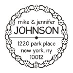 Round monogram address stamps. Custom designs. Free shipping. 11 ink colors. Secure order online. Round monogram stamps at Knockout Prices from RubberStampChamp.com