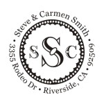 Round monogram address stamps. Custom designs. Free shipping. 11 ink colors. Secure order online. Round monogram stamps at Knockout Prices from RubberStampChamp.com