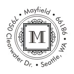 Round monogram address stamps. Custom designs. Free shipping. 11 ink colors. Secure order online. Round monogram stamps at Knockout Prices from RubberStampChamp.com