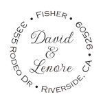 Round monogram address stamps. Custom designs. Free shipping. 11 ink colors. Secure order online. Round monogram stamps at Knockout Prices from RubberStampChamp.com