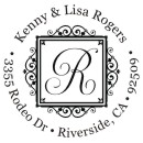 Round monogram address stamps. Custom designs. Free shipping. 11 ink colors. Secure order online. Round monogram stamps at Knockout Prices from RubberStampChamp.com