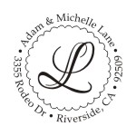 Round monogram address stamps. Custom designs. Free shipping. 11 ink colors. Secure order online. Round monogram stamps at Knockout Prices from RubberStampChamp.com