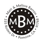 Round monogram address stamps. Custom designs. Free shipping. 11 ink colors. Secure order online. Round monogram stamps at Knockout Prices from RubberStampChamp.com