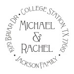 Round monogram address stamps. Custom designs. Free shipping. 11 ink colors. Secure order online. Round monogram stamps at Knockout Prices from RubberStampChamp.com