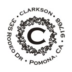 Round monogram address stamps. Custom designs. Free shipping. 11 ink colors. Secure order online. Round monogram stamps at Knockout Prices from RubberStampChamp.com