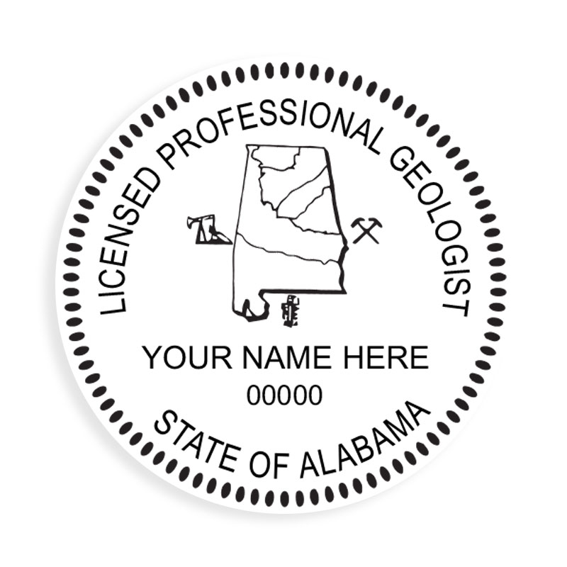 This professional geologist stamp for the state of Alabama adheres to state regulations and provides top quality impressions. Orders over $100 ship free.