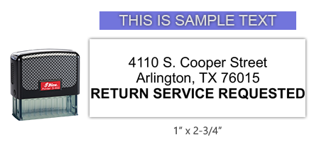 Shiny 855 1st Checks Return Service Requested custom stamp comes in black only! Refillable & durable. Impression size: 1" x 2-3/4". Free shipping over $75!