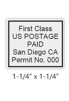 Customize this 1 1/4" x 1 1/4" bulk rate First Class stamp with your information. Black ink only. Great for high volume stamping. Orders over $60 ship free!