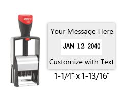 Metal core 1-1/4 x 1-13/16 custom self-inking changeable date stamp suitable for heavy use. 11 ink colors to choose from. Ships free with orders over $75!