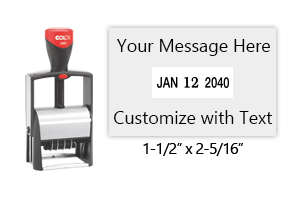 Metal core 1-1/2 x 2-5/16 custom self-inking changeable date stamp suitable for heavy use. 11 ink colors to choose from. Ships free with orders $75 and over!