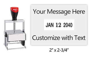 Metal core 2" x 2-3/4" custom self-inking changeable date stamp suitable for heavy use. 11 ink colors options. Fast & free shipping on orders over $100!