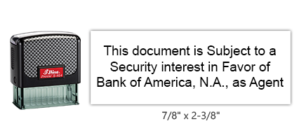 The Shiny 854 1st Checks Security Interest stock stamp comes in black only! Refillable & durable. Impression size: 7/8" x 2-3/8". Free shipping over $75!