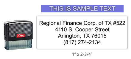 The Shiny 855 1st Checks custom branch address w/ phone stamp comes in black only! Refillable & durable. Impression size: 1" x 2-3/4". Free shipping over $75!