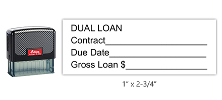 This Shiny 855 1st Checks Dual Loan stock stamp comes in black only! Refillable & durable. Impression size: 1" x 2-3/4". Free shipping over $75!