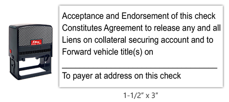 The Shiny 857 1st Checks Accept & Endorse w/ vehicle title stock stamp comes in black only! Refillable. Impression size: 1-1/2" x 3". Free shipping over $75!