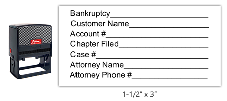 The Shiny 857 1st Checks Bankruptcy stock stamp comes in black only! Refillable & durable. Impression size: 1-1/2" x 3". Free shipping over $75!