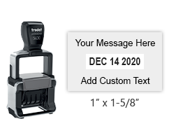 This 1" x 1-5/8" self-inking date stamp can be customized with 1-line of text above and below the date. Choose from of 11 ink colors or a 2-color pad option.