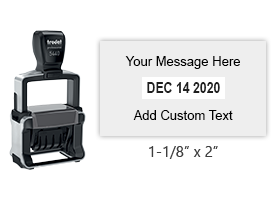 This 1-1/8" x 2" self-inking date stamp has 2-lines of custom text. Choose from 11 vivid ink colors or a 2-color pad option. Refillable and durable.