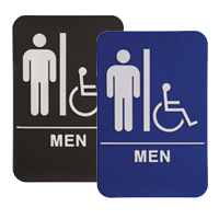 This ADA compliant Men (w/wheelchair) Accessible Restroom sign is 6” x 9” and is 1/8” thick. Comes in blue/black background w/ white engraved letters.