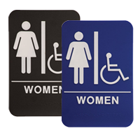 This ADA compliant Women (w/wheelchair) Accessible Restroom sign is 6” x 9” and is 1/8” thick. Comes in blue/black background w/ white engraved letters.