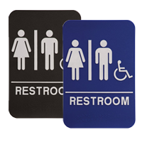 This ADA compliant Unisex (w/wheelchair) Accessible Restroom sign is 6” x 9” and is 1/8” thick. Comes in blue/black background w/ white engraved letters.